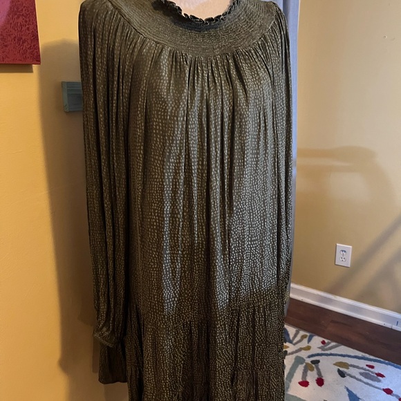 LOFT Fresh Ivy Green Smocked Yoke Swing Dress Women Size XL Long Sleeve Olive - Picture 2 of 4